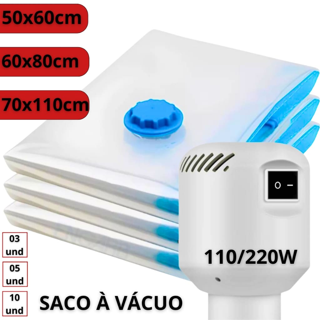 Kit Saco a Vácuo + Bomba Elétrica 110v 220v Organização de Roupas Mala Viagem Guarda Roupas