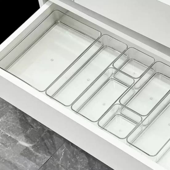 Conjunto 7 Organizadores Multiuso para Gavetas, Armários, Geladeiras Potes em Acrílico.