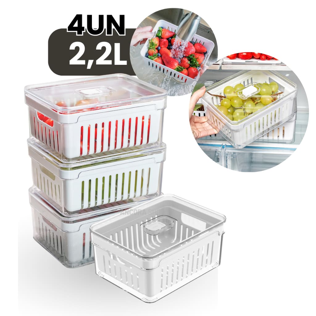 Kit 4un Organizadores de Geladeira 2,2L - Acrílico Tampa com Cesto Drenagem