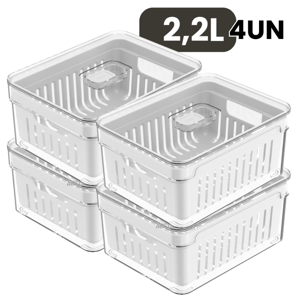 Kit 4un Organizadores de Geladeira 2,2L - Acrílico Tampa com Cesto Drenagem